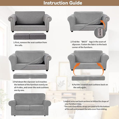 WEERRW Velvet Stretch 3 Pieces Couch Cover for Sofa Washable, Silver Grey | Love Seat Couch Covers for 2 Cushion Couch Sofa Furniture Protector slipcoves with Elastic Bottom for Kids, Medium