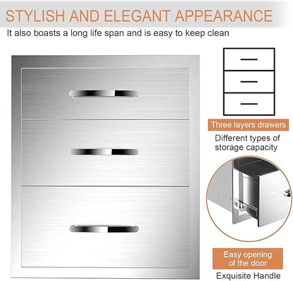 18''W x 24''H x 23''D Outdoor Kitchen Triple Access Drawers Stainless Steel, Flush Mount BBQ with Handles BBQ Island for Outdoor Kitchens or Patio Grill Station