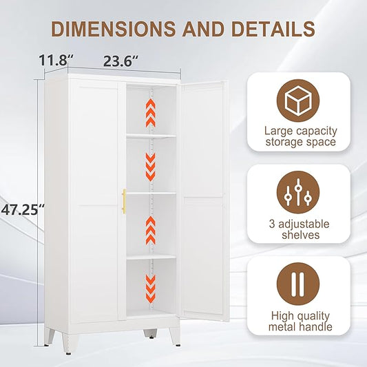 PAOFIN Metal Kitchen Pantry Storage Cabinet with 2 Doors and 3 Adjustable Shelves,Pantry Cabinet with Adjustable Leveling Foot for Kitchen, Living Room, Dining Room（White）