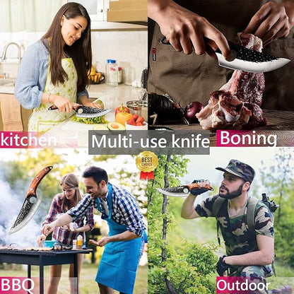 Kitory Butcher Knife for Meat Cutting, Hand Forged Viking Boning Knife with Ergonomic Wood Handle, High Carbon Steel Chinese Chef Knife for Camping, Outdoor, BBQ, Birthday Gift for Men