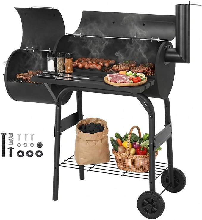 Offset Smoker Charcoal Grill 192 SQ.IN. Cooking Surface Heavy-Duty BBQ Grill Wheels Barbecue Cooker Steel Warming Rack for Outdoor Garden Patio & Backyard Cooking