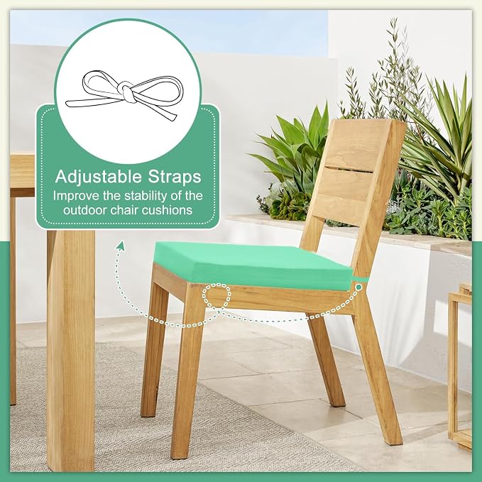 Cozyide Outdoor Chair Cushions, Waterproof Patio Seat Cushions with Adjustable Straps, Square Corner Patio Chair Cushions for Garden, Aqua Blue, 18.5x16x3 Inch (Pack of 4)