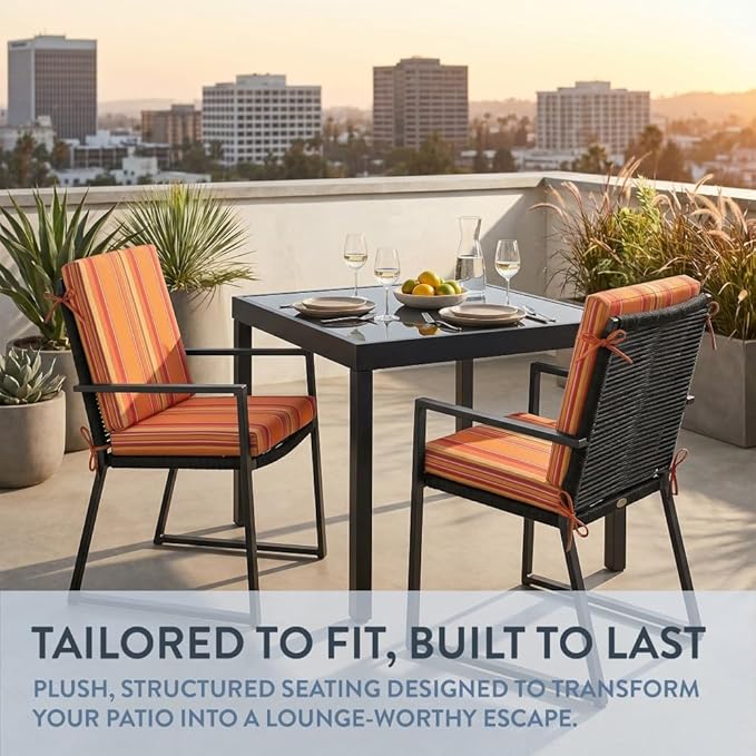 California Umbrella Outdoor Dining Chair, Set of 2 Patio Seat Cushions, 20 x 40 Inch, Premium Outdoor Memory Foam, Fade Resistant, Sunbrella Fabric, Fabric Ties, Dolce Mango