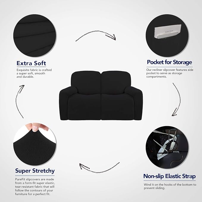 PureFit Super Stretch Loveseat Recliner Sofa Couch Cover with Pocket | 2 Seats Non Slip Soft Sofa Slipcover, Washable Reclining Furniture Protector for Kids, Pets (Recliner Loveseat, Black)