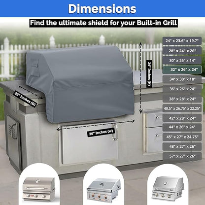 Covers & All Built-in Grill Cover for Outdoor Grill – Heavy Duty 18 oz Waterproof Built-in BBQ Grill Cover, PVC-Coated Polyester with Elastic Hem for Snug Fit (32 x 26 x 24 inches, Grey)