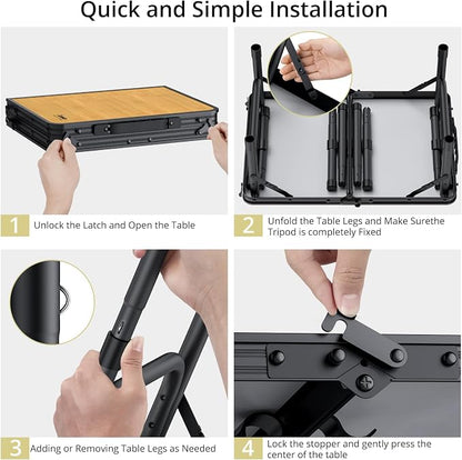 Anbte 2ft Camping Table Foldable, 24" x 16" Small Folding Table Portable | 3 Adjustable Heights Max 27.5", with Storage Net, Aluminum Lightweight, for Travel Beach Camping Picnic BBQ, Light Oak Grain