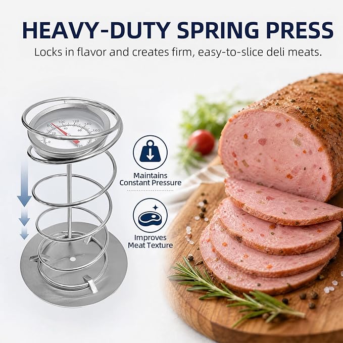 Deli Meat Press & Lunch Meat Mold 304 Stainless Steel Ham Maker with Visual Window and Upgraded Large Fahrenheit Thermometer, 20 Cooking Bags for Healthy Homemade Cold Cuts