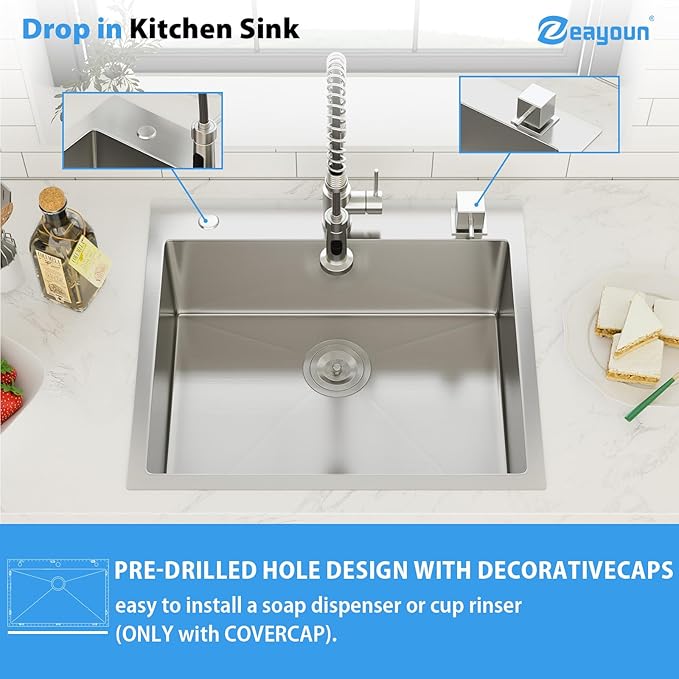 25 Inch Drop In Kitchen Sink 25 x 22 Kitchen Sink 18 Gauge Stainless Steel Single Bowl Topmount Handmade Sink, 25x22x8