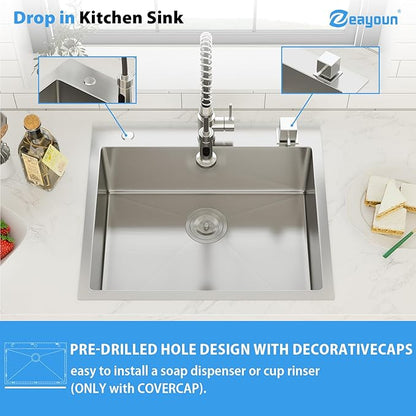 25 Inch Drop In Kitchen Sink 25 x 22 Kitchen Sink 18 Gauge Stainless Steel Single Bowl Topmount Handmade Sink, 25x22x8