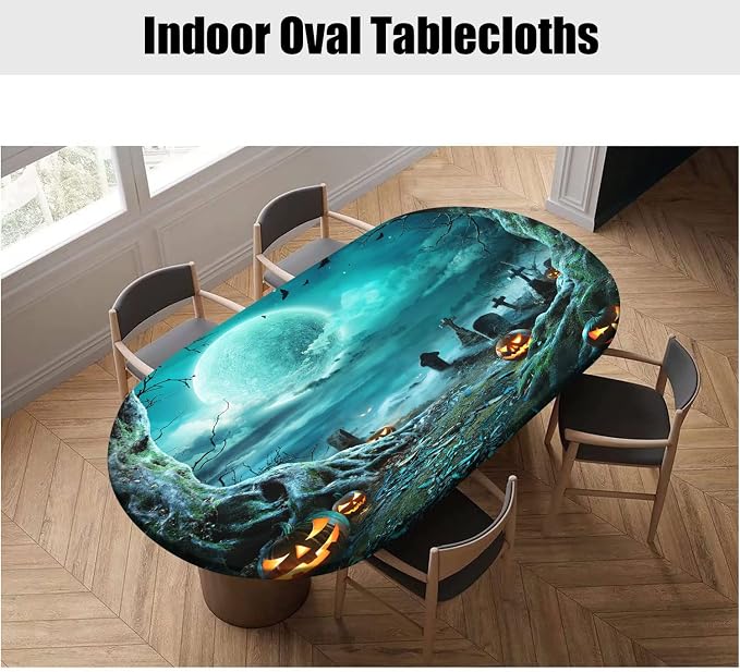 Halloween Oval Fitted Tablecloth, Moon Night Pumpkin Lantern Elastic Edged Table Covers, Fits to Oblong 48" X 68" Table, Wrinkle-Proof Table Cloths for Indoor Restaurant Outdoor Terrace Dining Decor