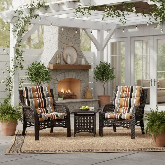 Outdoor Tufted High-Back Chair Cushions, One-Piece Hinged Seat and Back Design, Reversible with 4 Ties, Durable Polyester Fabric, Recycled Fiber Fill - Set of 2, Brick Stripe