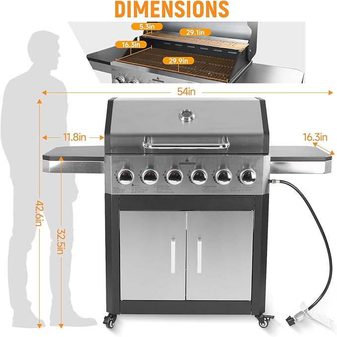 6-Burner Propane Gas Grill with 60000 BTU, Heavy Duty Cast Iron Cooking Grates Stainless Steel Warming Rack and Side Tables, BBQ Grill for Outdoor Backyard Cooking and Patio Parties, Black