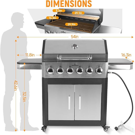 6-Burner Propane Gas Grill with 60000 BTU, Heavy Duty Cast Iron Cooking Grates Stainless Steel Warming Rack and Side Tables, BBQ Grill for Outdoor Backyard Cooking and Patio Parties, Black
