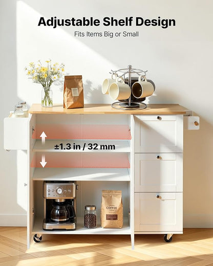VEVOR Kitchen Island Cart, 45.3x39 inch Rolling Kitchen Table, Mobile Carts with Storage Cabinet and Solid Wood Top, Portable Islands with Wheels, Spice Rack, Towel Rack, Drop Leaf and Drawer, White