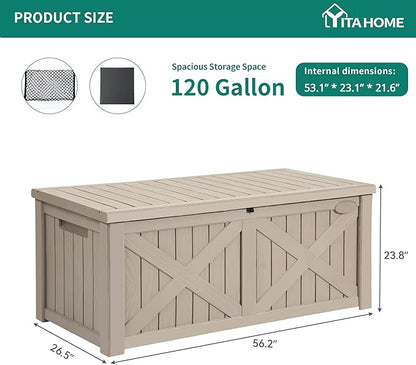 YITAHOME 150 Gallon Large Outdoor Storage Box with X-Shaped Front, Waterproof Resin Deck Box Cushion Storage Bench for Patio, Pool Supplies, Garden Tools- Lockable, Taupe