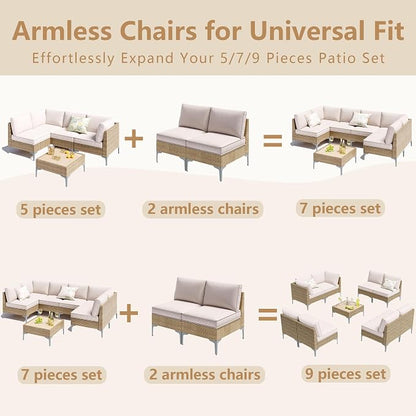 2-Piece Patio Furniture Set, Outdoor Wicker Sectional Sofa with Coffee Table, Anti-Slip & Thick All-Weather Cushions for Party, Poolside, Backyard, Beige