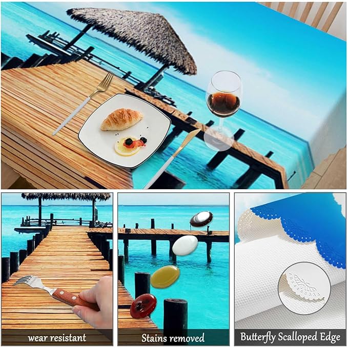 Swono Wooden Dock Rectangular Tablecloth Ocean Beach Tropical Island Seashore Washable Table Cloth Kitchen Dining Room Table Cover for Party Dinner 50x72 Inch Tablecloths