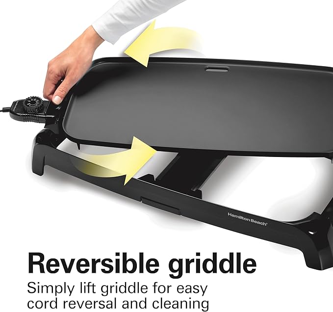 Hamilton Beach 200 Sq. In. Electric Griddle With Adjustable Temperature for 200 to 400 degrees, PTFE & PFOA Free Durathon Ceramic Reversible Nonstick Surface, Black (38522)