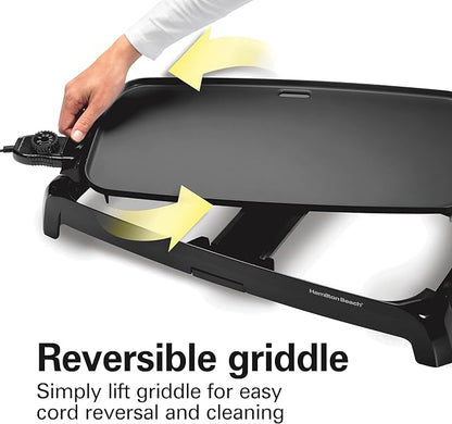Hamilton Beach 200 Sq. In. Electric Griddle With Adjustable Temperature for 200 to 400 degrees, PTFE & PFOA Free Durathon Ceramic Reversible Nonstick Surface, Black (38522)