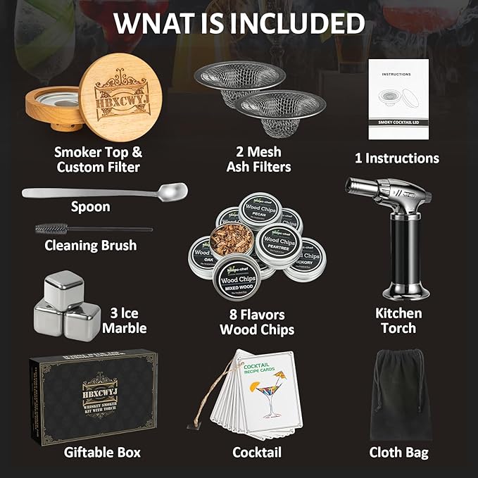 Whiskey Smoker Kit for Cocktails - Premium Oak Smoke Top with Torch (No Butane), 8 Flavors Wood Chips, 3 Ice Marbles & Cocktail Cards - Ideal Gift for Men, Dad, Husband, Whiskey Lovers Home Bar