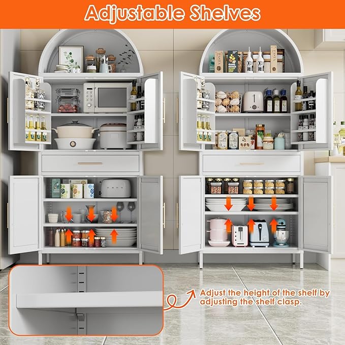 72.8" White Metal Arched Pantry Cabinet with Drawer, Tall Kitchen Storage Cabinet with 3 Adjustable Shelves, Door Storage, Magnetic Closure & Anti-Tip Kit, White, Assembly Required