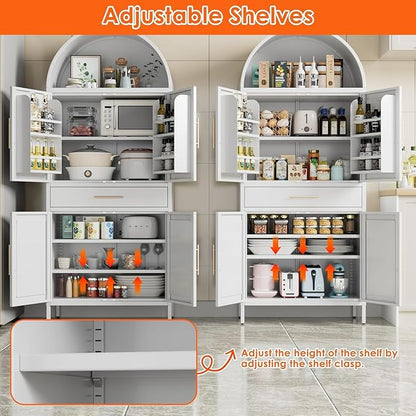 72.8" White Metal Arched Pantry Cabinet with Drawer, Tall Kitchen Storage Cabinet with 3 Adjustable Shelves, Door Storage, Magnetic Closure & Anti-Tip Kit, White, Assembly Required