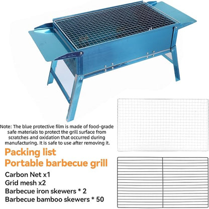 Foldable Portable Charcoal Grill 17.7x9.8 Inch Compact Small BBQ Grill Outdoor Cooking Stove Stainless Steel Folding Grill with Wood Skewers for Beach/Travel/Balcony/Camping/Backyard