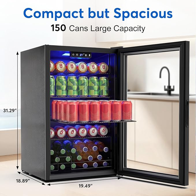 FoMup Beverage Refrigerator 150 Can with Glass Door – Mini Drink Cooler with Reversible Door, Safety Lock & Temperature Control, Small Fridge for Beer Soda Wine, Compact for Dorm Office Hotel