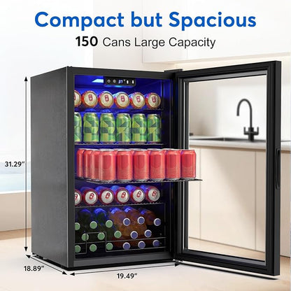 FoMup Beverage Refrigerator 150 Can with Glass Door – Mini Drink Cooler with Reversible Door, Safety Lock & Temperature Control, Small Fridge for Beer Soda Wine, Compact for Dorm Office Hotel