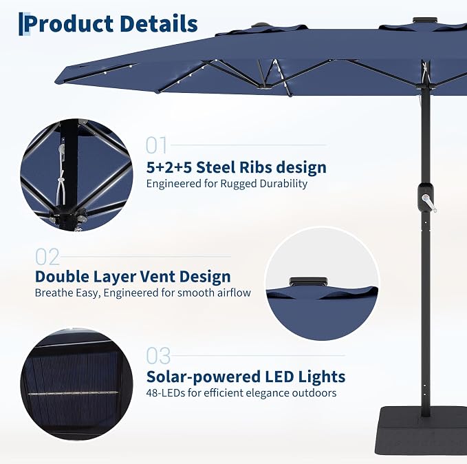 Garvee 15FT Patio Umbrella with Solar Lights & Base Included, Navy Blue | Rectangular Large Patio Umbrella with Crank Handle 48 LED Lights, UV Protection for Outdoor Market, Backyard, Deck, Poolside