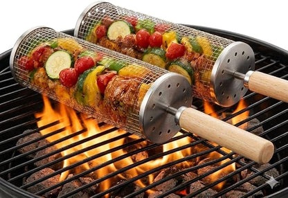 Rolling Grill Basket; 2 PCS; Stainless Steel; Nesting BBQ Tools; Grill Basket for Vegetables, Shrimp, Fish & Meat – Rotating BBQ for Outdoor Cooking and Grilling Accessories