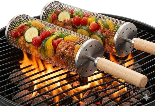Rolling Grill Basket; 2 PCS; Stainless Steel; Nesting BBQ Tools; Grill Basket for Vegetables, Shrimp, Fish & Meat – Rotating BBQ for Outdoor Cooking and Grilling Accessories