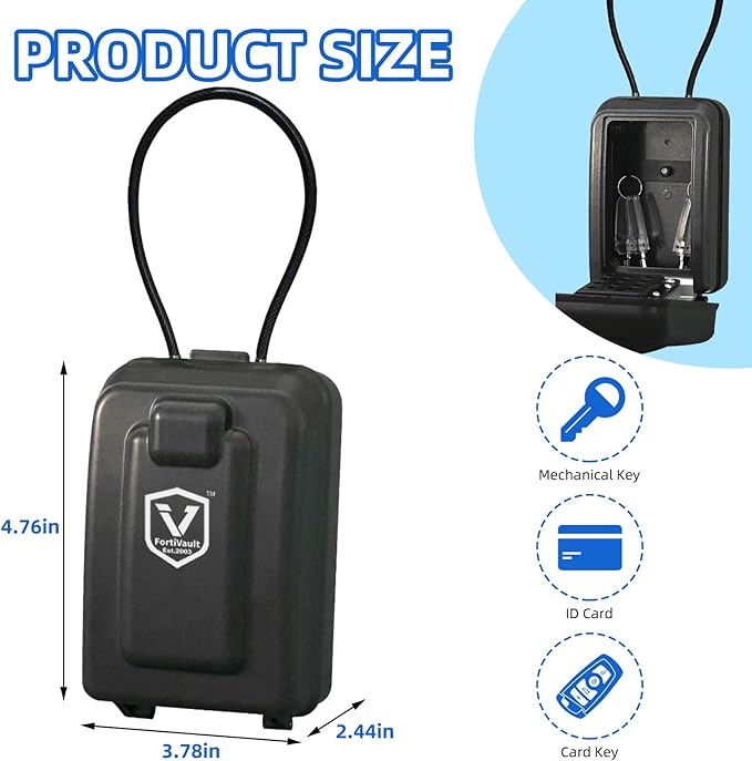 Flexible Steel Cable Lock Box for Keys, 12-Digit Combination Key Safe with Resettable Code, Large Capacity Weatherproof Outdoor Lockbox for House Keys, Home, Garage, Black