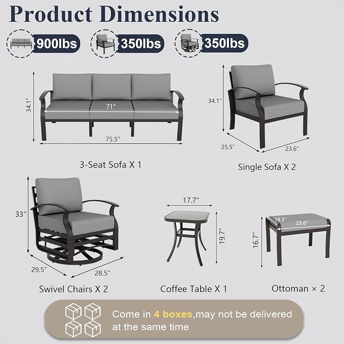 ALAULM Aluminum Patio Furniture Set with 2 Swivel Chairs 9-seat Metal Outdoor Furniture Patio Sectional Sofas Patio Conversation Set w/2 Ottomans for Patio, Backyard, Poolside-Grey
