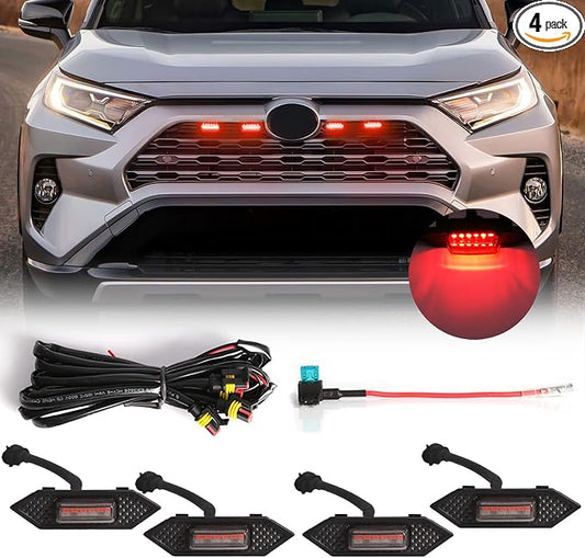 LED Grille Lights For Toyota RAV4 2019 2020 2021 2022 Smoked Shell Red Grill Light 4 Pcs, Plug and Play