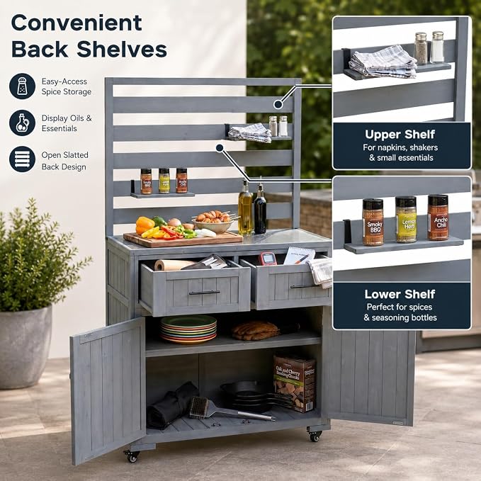 Outdoor Kitchen Island Cart with Stainless Steel Top, Grill Prep Table | Solid fir wood frame, stainless steel top, 64.9 in height, 3 movable shelves, lockable wheels, 110 lb top, BBQ and garden use