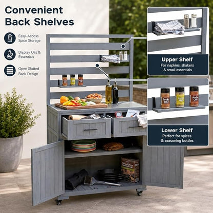 Outdoor Kitchen Island Cart with Stainless Steel Top, Grill Prep Table | Solid fir wood frame, stainless steel top, 64.9 in height, 3 movable shelves, lockable wheels, 110 lb top, BBQ and garden use