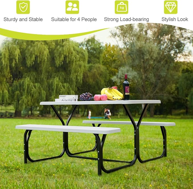 GYMAX Picnic Table, Picnic Bench Easy to Assemble w/All Weather Wood Grain Tabletop & Metal Frame, Picnic Tables for Outdoors Camping Backyard Deck Patio Poolside Dining Party