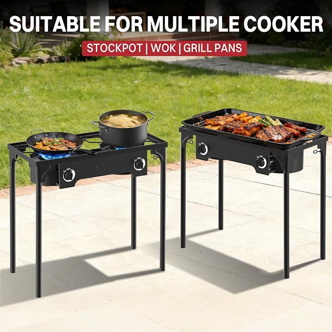 2 Burner Propane Camp Stove | 150,000 BTU | High Pressure Gas Burners | CSA Certified | Waterproof Cover | Detachable Legs | Ideal for Camping Tailgating Backyard Outdoor Cooking