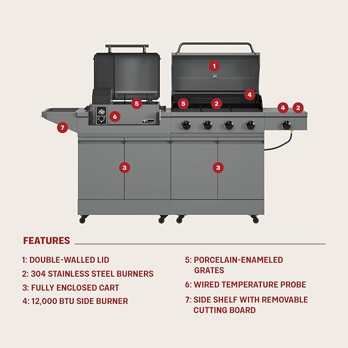 Tytus Anaheim 4-Burner Gas Grill with Prep Cart and Pellet Smoker Grill + Cover - Modular Outdoor Kitchen, Quick Assembly, Outdoor Cooking, Kitchen Island for BBQ