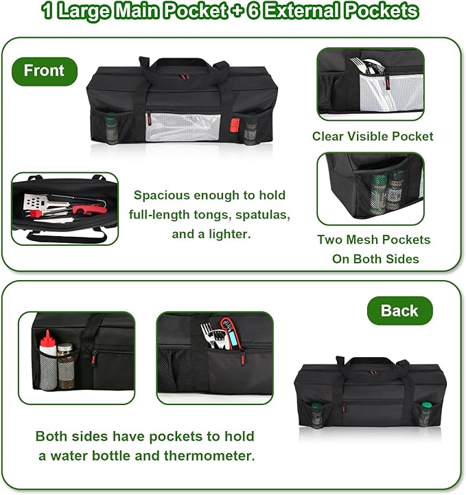 24" BBQ Tool Storage Bag with Pockets, Grill Tool Organizer- Heavy-Duty Storage Bag Waterproof 600D Oxford, Folding Design Gift for Camping, Tailgates, Outdoor BBQ Parties (24" Lx8 Wx8 H)
