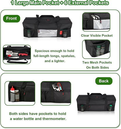 24" BBQ Tool Storage Bag with Pockets, Grill Tool Organizer- Heavy-Duty Storage Bag Waterproof 600D Oxford, Folding Design Gift for Camping, Tailgates, Outdoor BBQ Parties (24" Lx8 Wx8 H)