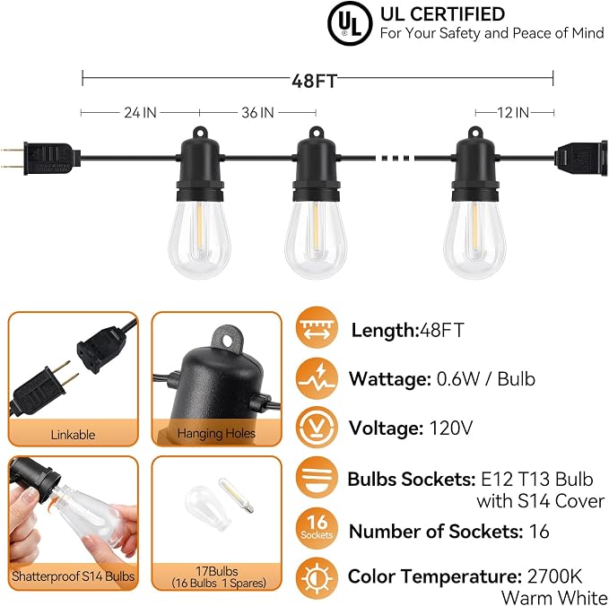 48FT Outdoor String Lights with16+1 Shatterproof LED Bulbs | Hanging Lights for Patio Weatherproof, Warm White, Connectable Lights Plug in for Party, Cafe, Bistro, Camping and Backyards