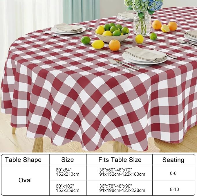 Smiry Oval Table Cloth, Vinyl Tablecloths with Flannel Backing, 60"x102" | Waterproof Picnic Table Cloth, Wipeable Buffalo Plaid Table Cover for Indoor and Outdoor (Burgundy & White)