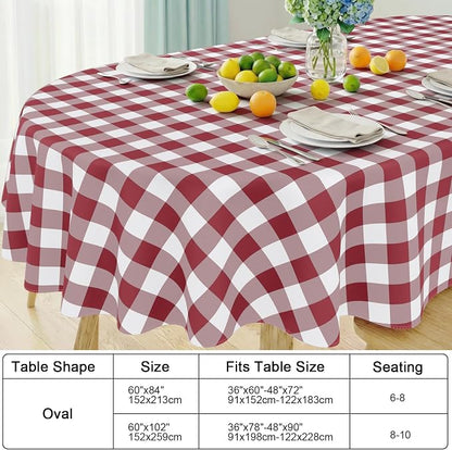 Smiry Oval Table Cloth, Vinyl Tablecloths with Flannel Backing, 60"x102" | Waterproof Picnic Table Cloth, Wipeable Buffalo Plaid Table Cover for Indoor and Outdoor (Burgundy & White)