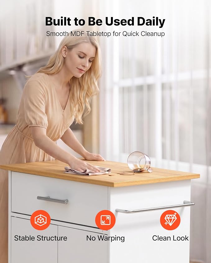 VEVOR Kitchen Island Cart with Storage, 24.84 in Wide Mobile Rolling Storage Island on Swivel Wheels, with Drawer, Storage Cabinet, Towel Rack, Hooks, Table for Home Dining Room, White