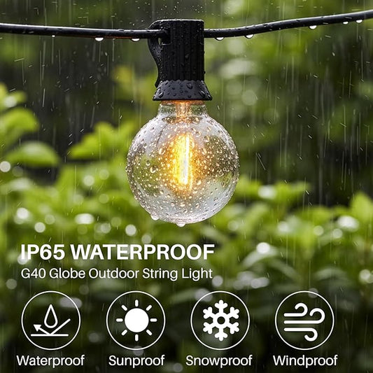 50 FT Outdoor String Lights G40 Globe Shatterproof Patio Lights,26 Plastic Edison Bulbs(2 Spare) IP65 Waterproof Dimmable LED Bulbs for Backyard Porch Balcony Party Decor, E12 Base, 2200K