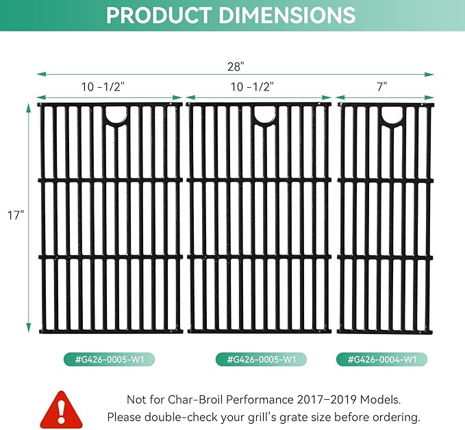 463448021 463449021 17" Grill Grates BBQ Replacement Parts for Charbroil Performance 5 Burner 463466522 463451022 463450022 463455021, Cast Iron Cooking Grate for Char Broil G426-0004-W1 G426-0005-W1