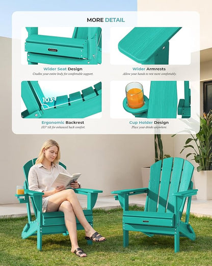 Ciokea Folding Adirondack Chair 6 Pack, Patio Adirondack Chair Weather Resistant, Plastic Fire Pit Chair with Cup Holder, Lawn Chair for Outdoor Porch Garden Backyard Deck (Lake Blue)