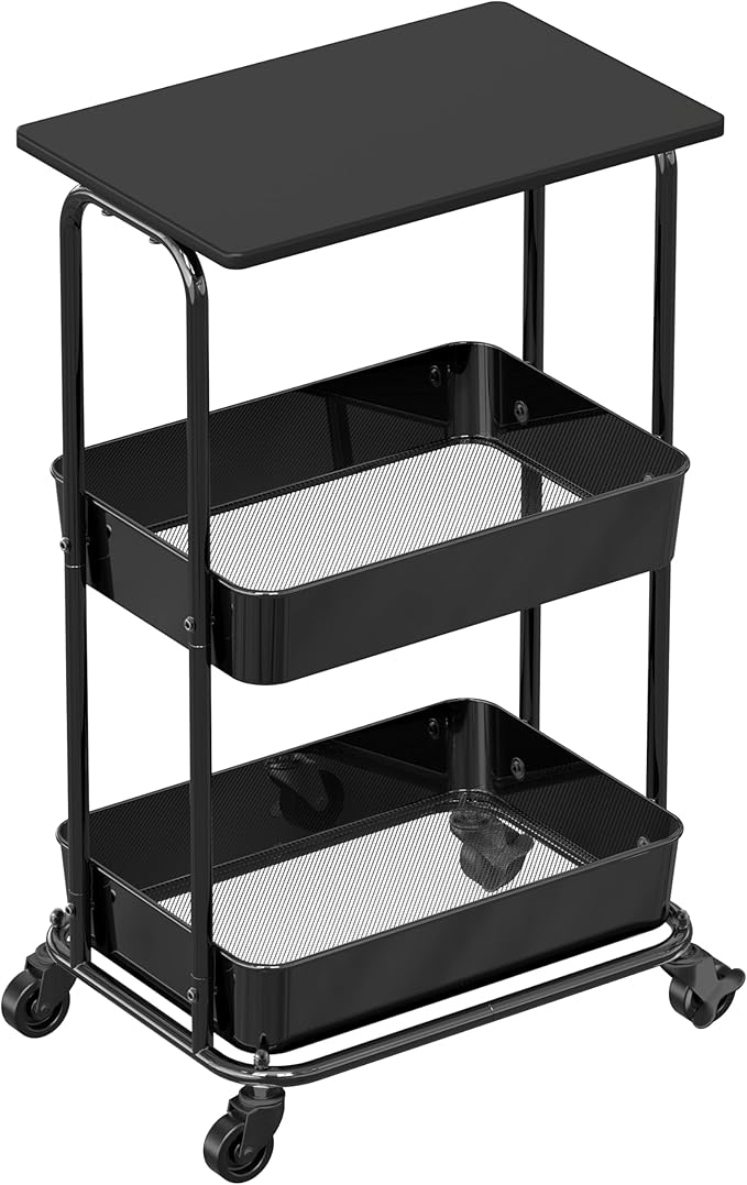 Simple Houseware 2-Tier Rolling Utility Cart Wood Top/Lockable Wheel, Black | Metal Storage Organizer Trolley for Kitchen, Bathroom, Office, Craft Room